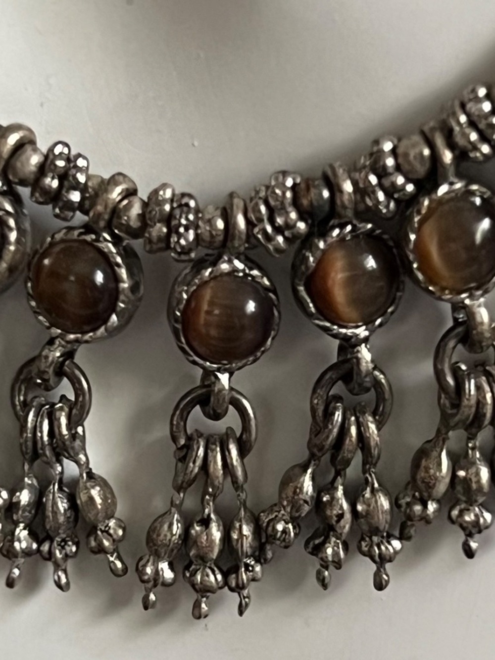 Vintage Tribal Ethnic Sterling Silver Tigers Eye Fringe Tassel Necklace Boho - Picture 2 of 9